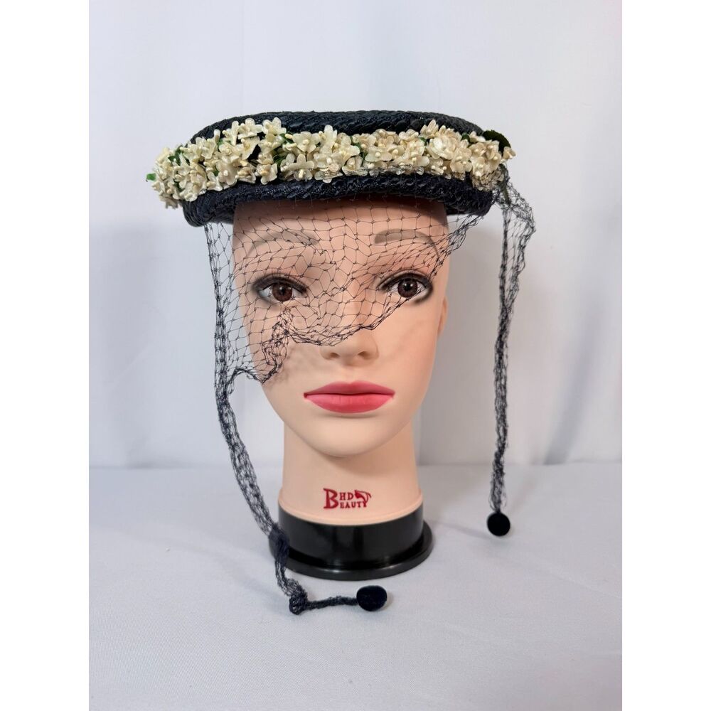 VTG 1940's Tambourine Women Hat Navy Veiled Straw Faux Flowers EUC Glam Sewn